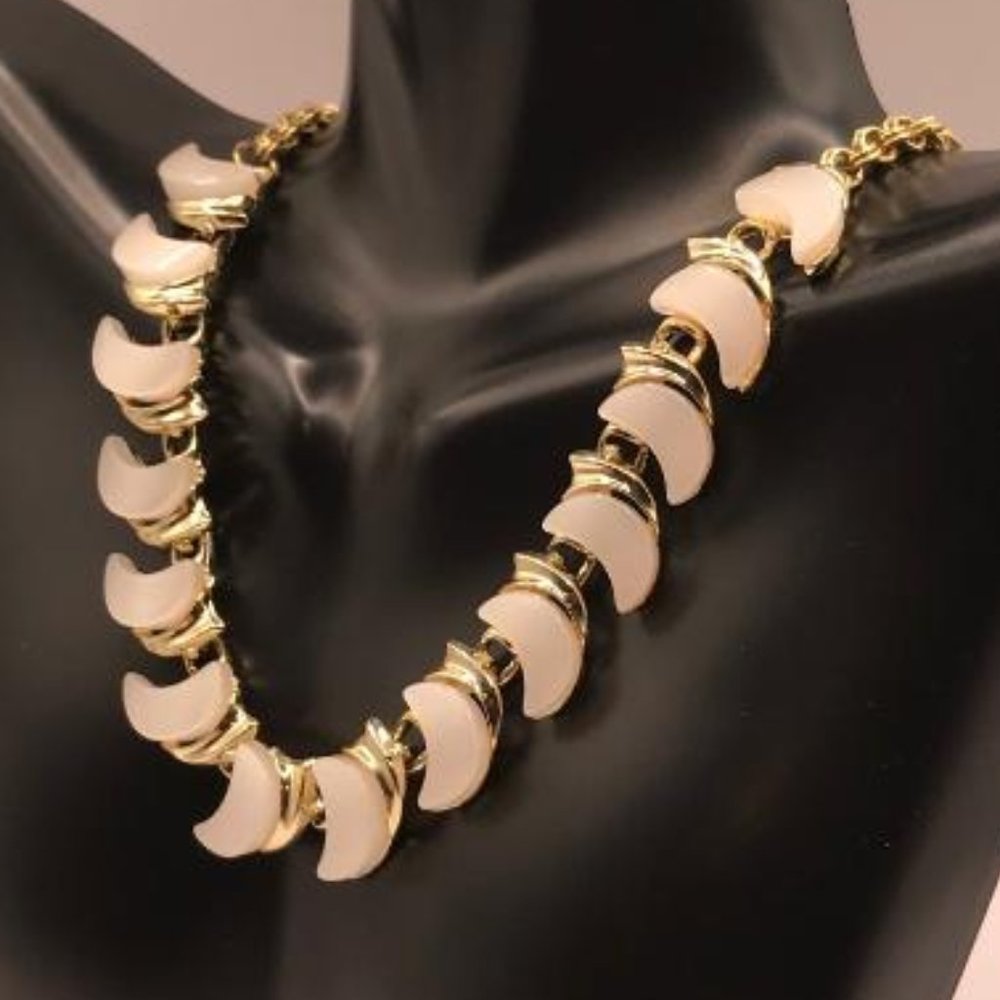 Gold-Tone & Thermoset Pearlescent Crescent Moon Necklace - Picture 3 of 9